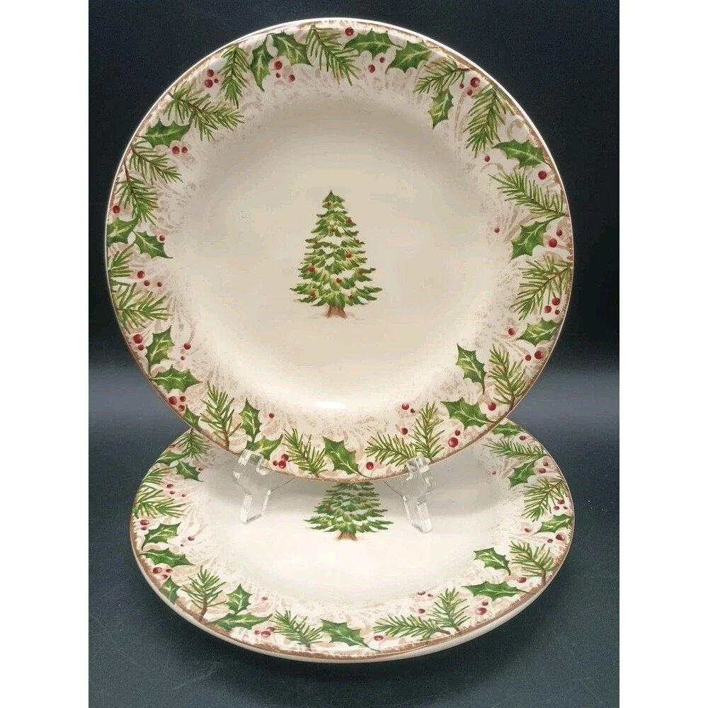 2 Pier 1 Winter Wonders Christmas Tree Salad Dessert Plate Holly & Berries 8.5”